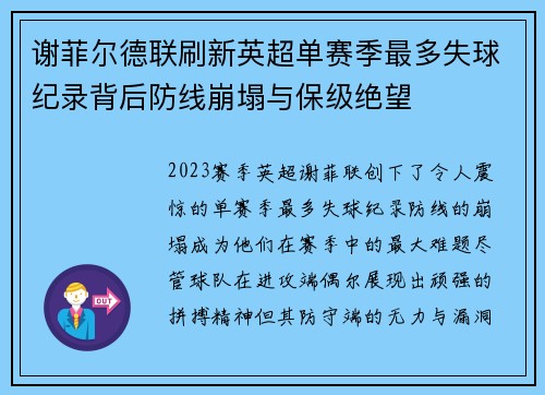 谢菲尔德联刷新英超单赛季最多失球纪录背后防线崩塌与保级绝望