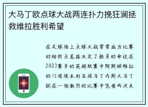 大马丁欧点球大战两连扑力挽狂澜拯救维拉胜利希望