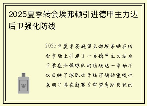 2025夏季转会埃弗顿引进德甲主力边后卫强化防线